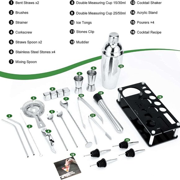 Perfect Party boy Gift 23-Piece Stainless Steel Bartender Kit with Acrylic Stand - Picture 7 of 9